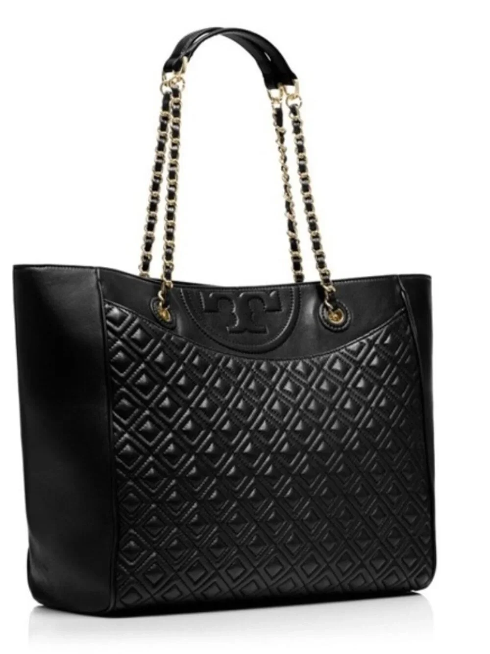 Tory Burch Fleming Quilted Leather Tote Bag Black Gold Chain Shoulder Bag